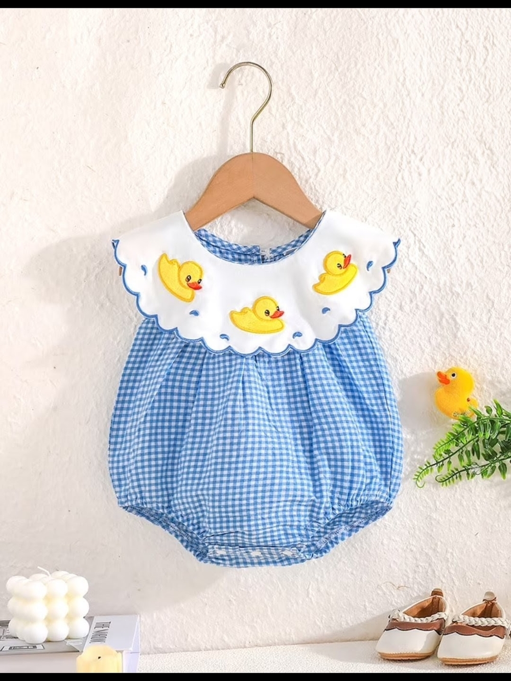 Gingham Baby Romper with Duck Embroidered Collar Size 1m - 3m